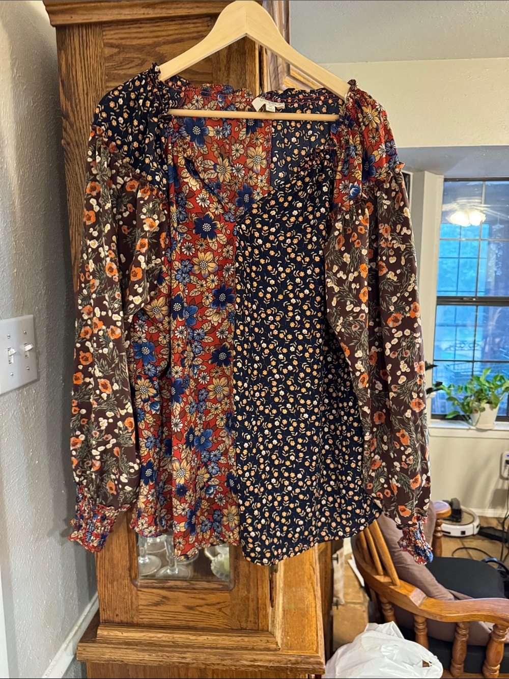 Umgee Navy and Rust Floral Patchwork Top